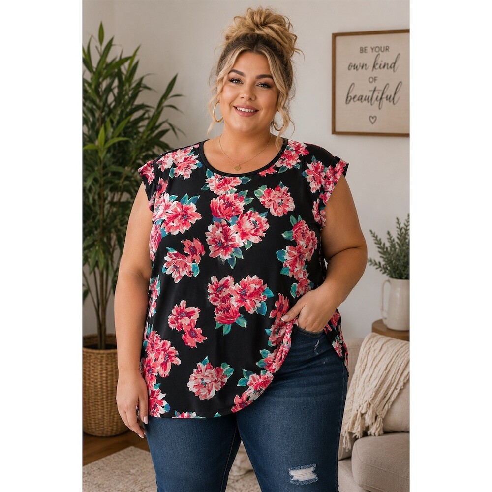 Ellen Tracy Blouse Womens Plus 1X Black Floral Scoop Neck Cap Sleeve Top